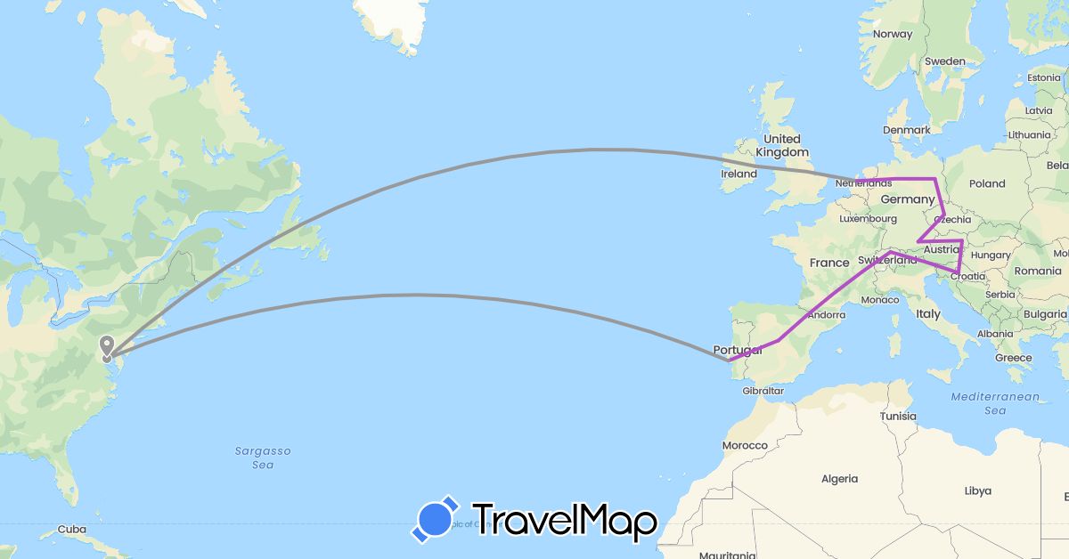 TravelMap itinerary: driving, plane, train in Austria, Switzerland, Czech Republic, Germany, Spain, Croatia, Ireland, Netherlands, Portugal, United States (Europe, North America)